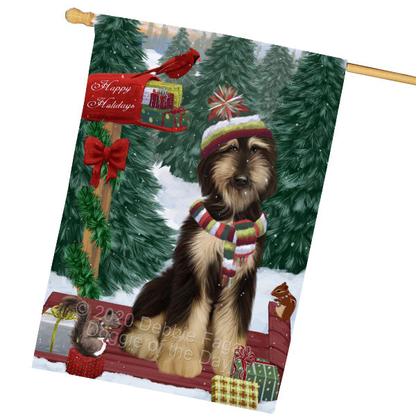 Christmas Woodland Sled Afghan Hound Dog House Flag Outdoor Decorative Double Sided Pet Portrait Weather Resistant Premium Quality Animal Printed Home Decorative Flags 100% Polyester FLG69500