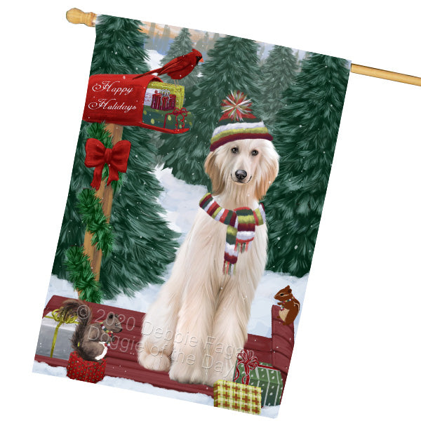 Christmas Woodland Sled Afghan Hound Dog House Flag Outdoor Decorative Double Sided Pet Portrait Weather Resistant Premium Quality Animal Printed Home Decorative Flags 100% Polyester FLG69501