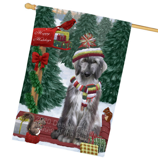 Christmas Woodland Sled Afghan Hound Dog House Flag Outdoor Decorative Double Sided Pet Portrait Weather Resistant Premium Quality Animal Printed Home Decorative Flags 100% Polyester FLG69502