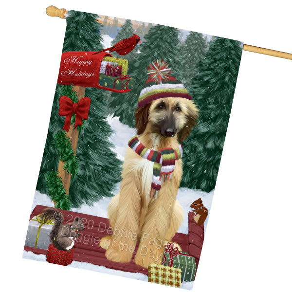 Christmas Woodland Sled Afghan Hound Dog House Flag Outdoor Decorative Double Sided Pet Portrait Weather Resistant Premium Quality Animal Printed Home Decorative Flags 100% Polyester FLG69503