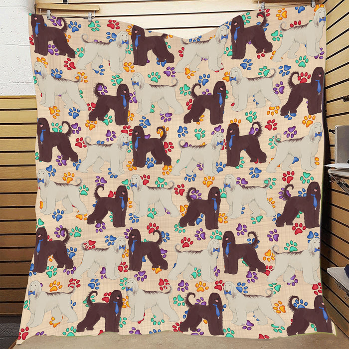 Rainbow Paw Print Afghan Hound Dogs Blue Quilt