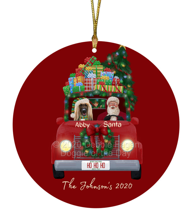 Personalized Christmas Honk Honk Red Truck Here Comes with Santa and Afghan Hound Dog Round Flat Ornament PRBPOR59041