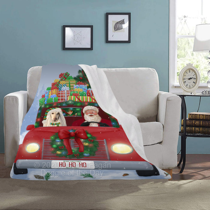Christmas Honk Honk Red Truck Here Comes with Santa and Afghan Hound Dog Blanket BLNKT140678