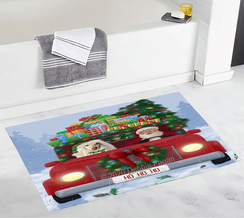 Christmas Honk Honk Red Truck Here Comes with Santa and Afghan Hound Dog Bath Mat BRUG53638