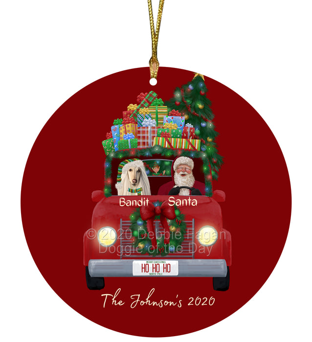 Personalized Christmas Honk Honk Red Truck Here Comes with Santa and Afghan Hound Dog Round Flat Ornament PRBPOR59042