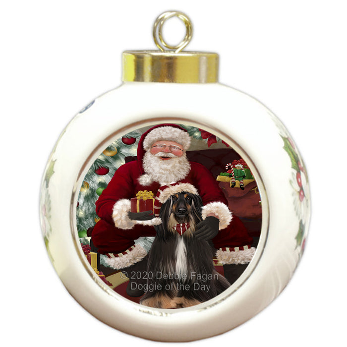 Santa's Christmas Surprise Afghan Hound Dog Round Ball Christmas Ornament RBPOR57991