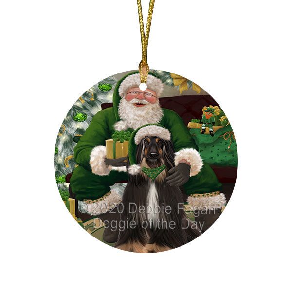 Christmas Irish Santa with Gift and Afghan Hound Dog Round Flat Christmas Ornament RFPOR57893