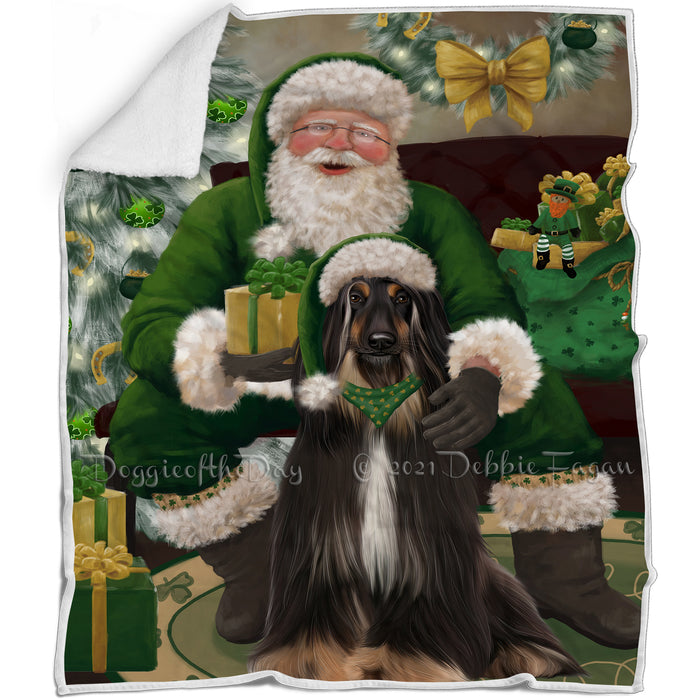 Christmas Irish Santa with Gift and Afghan Hound Dog Blanket BLNKT141173