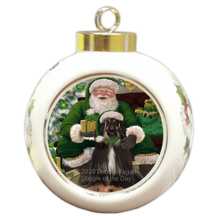 Christmas Irish Santa with Gift and Afghan Hound Dog Round Ball Christmas Ornament RBPOR57893