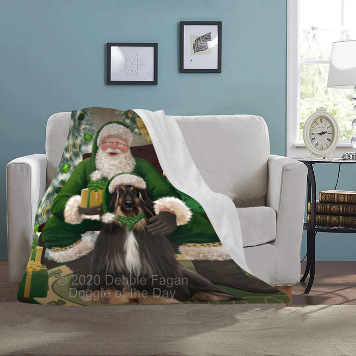 Christmas Irish Santa with Gift and Afghan Hound Dog Blanket BLNKT141173