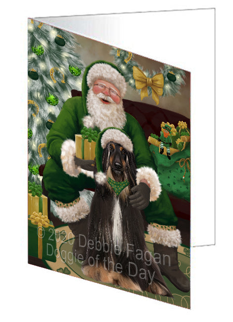 Christmas Irish Santa with Gift and Afghan Hound Dog Handmade Artwork Assorted Pets Greeting Cards and Note Cards with Envelopes for All Occasions and Holiday Seasons GCD75749