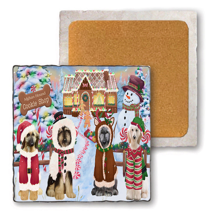 Holiday Gingerbread Cookie Shop Afghan Hounds Dog Set of 4 Natural Stone Marble Tile Coasters MCST51090