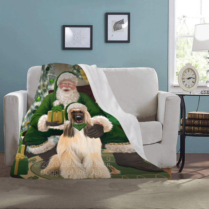 Christmas Irish Santa with Gift and Afghan Hound Dog Blanket BLNKT141163