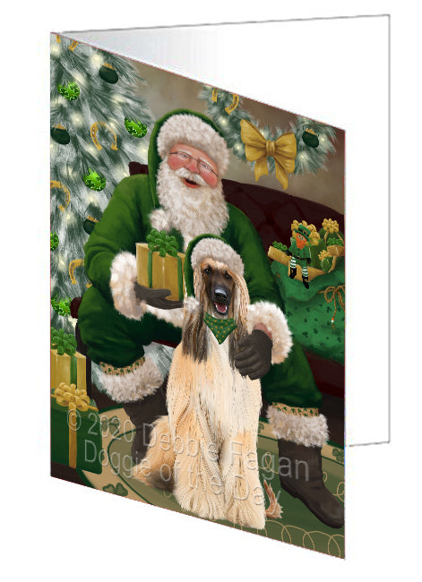 Christmas Irish Santa with Gift and Afghan Hound Dog Handmade Artwork Assorted Pets Greeting Cards and Note Cards with Envelopes for All Occasions and Holiday Seasons GCD75743
