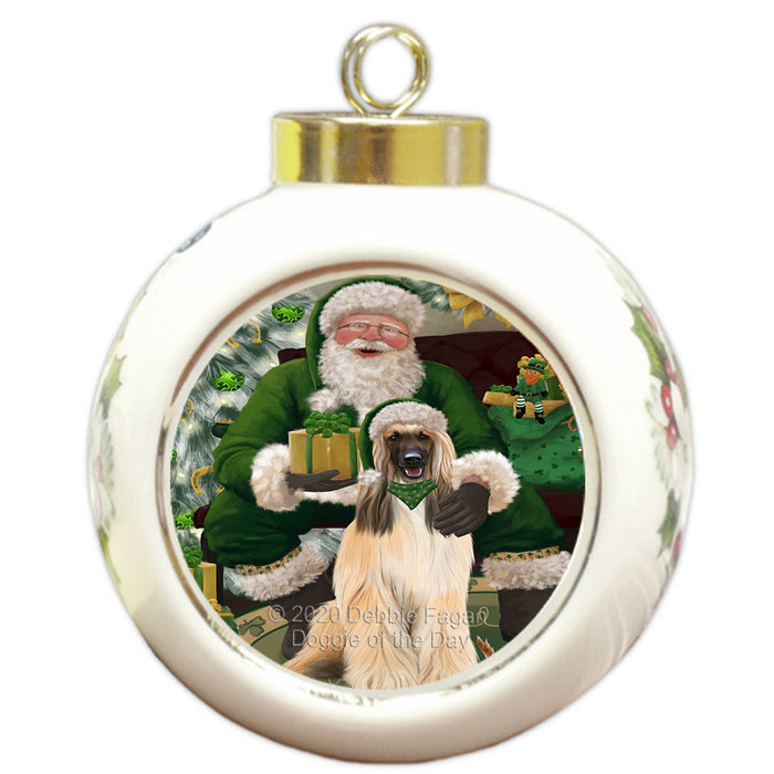 Christmas Irish Santa with Gift and Afghan Hound Dog Round Ball Christmas Ornament RBPOR57891