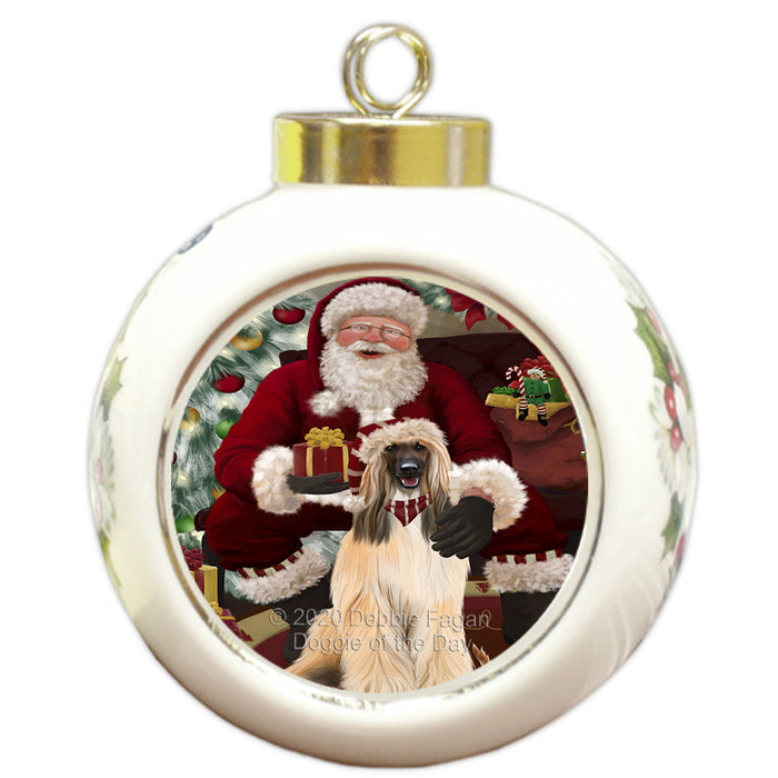 Santa's Christmas Surprise Afghan Hound Dog Round Ball Christmas Ornament RBPOR57989