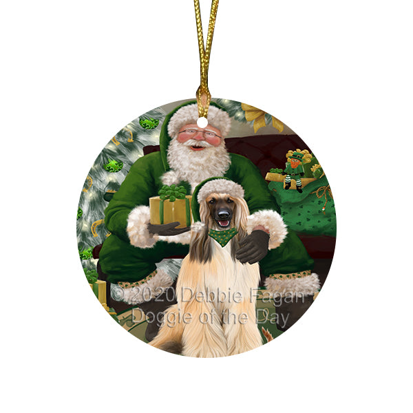 Christmas Irish Santa with Gift and Afghan Hound Dog Round Flat Christmas Ornament RFPOR57891