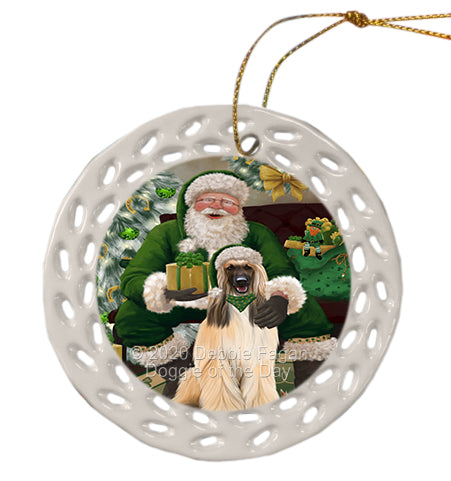 Christmas Irish Santa with Gift and Afghan Hound Dog Doily Ornament DPOR59453