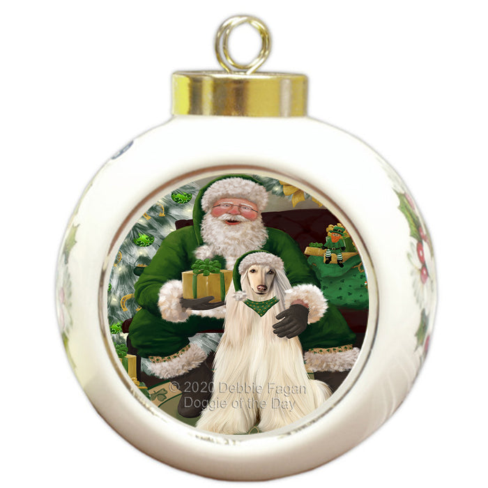 Christmas Irish Santa with Gift and Afghan Hound Dog Round Ball Christmas Ornament RBPOR57892