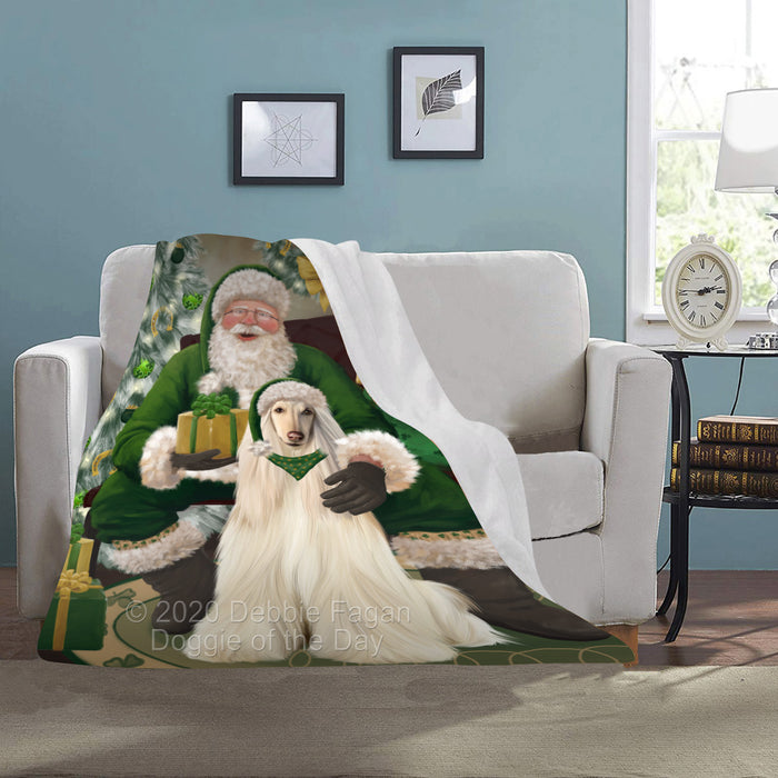 Christmas Irish Santa with Gift and Afghan Hound Dog Blanket BLNKT141168