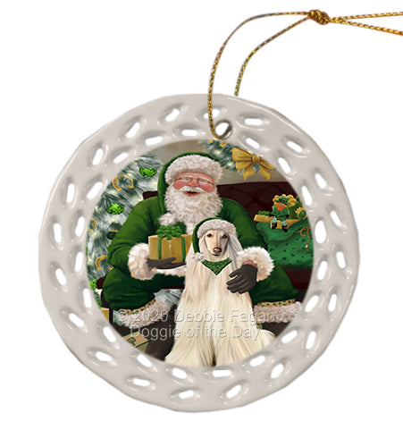 Christmas Irish Santa with Gift and Afghan Hound Dog Doily Ornament DPOR59454