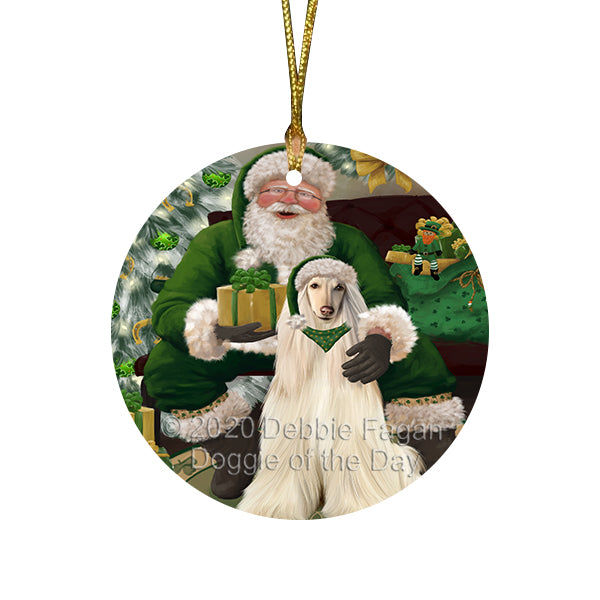 Christmas Irish Santa with Gift and Afghan Hound Dog Round Flat Christmas Ornament RFPOR57892
