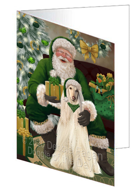 Christmas Irish Santa with Gift and Afghan Hound Dog Handmade Artwork Assorted Pets Greeting Cards and Note Cards with Envelopes for All Occasions and Holiday Seasons GCD75746