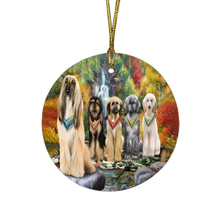 Scenic Waterfall Afghan Hounds Dog Round Flat Christmas Ornament RFPOR49643