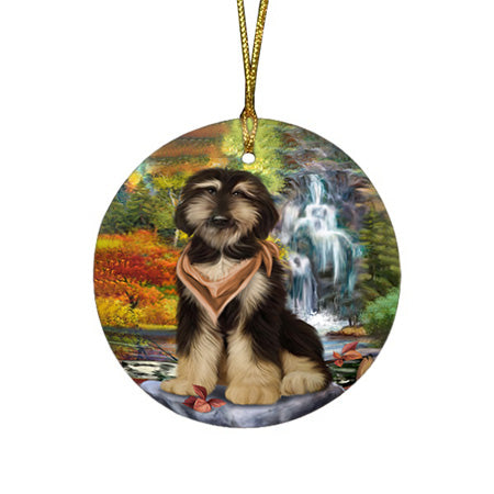 Scenic Waterfall Afghan Hound Dog Round Flat Christmas Ornament RFPOR49644