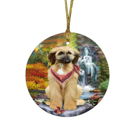 Scenic Waterfall Afghan Hound Dog Round Flat Christmas Ornament RFPOR49645