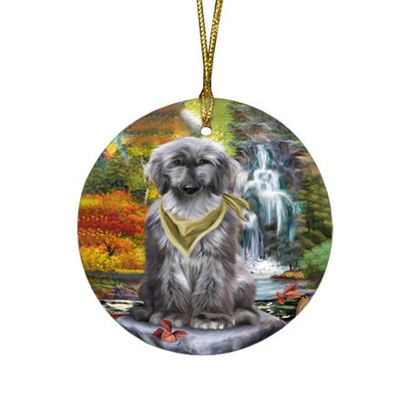 Scenic Waterfall Afghan Hound Dog Round Flat Christmas Ornament RFPOR49646