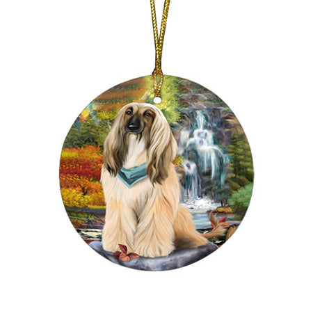 Scenic Waterfall Afghan Hound Dog Round Flat Christmas Ornament RFPOR49648