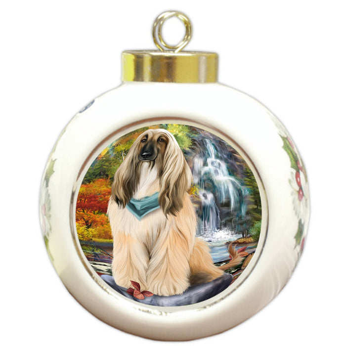 Scenic Waterfall Afghan Hound Dog Round Ball Christmas Ornament RBPOR49657