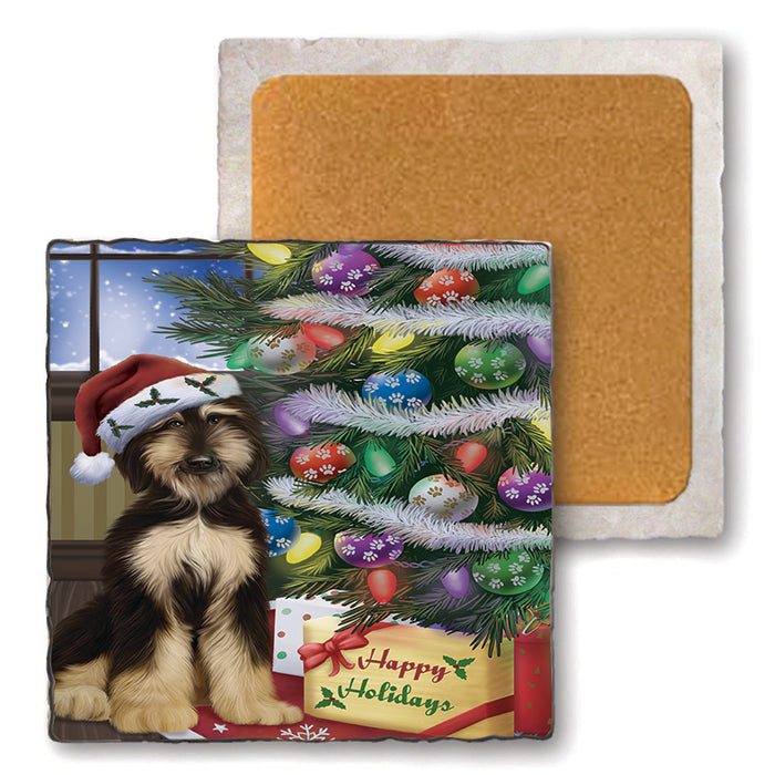 Christmas Happy Holidays Afghan Hound Dog with Tree and Presents Set of 4 Natural Stone Marble Tile Coasters MCST48429