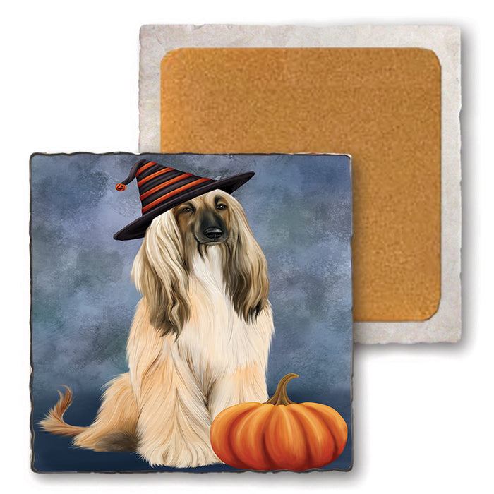 Happy Halloween Afghan Hound Dog Wearing Witch Hat with Pumpkin Set of 4 Natural Stone Marble Tile Coasters MCST49706