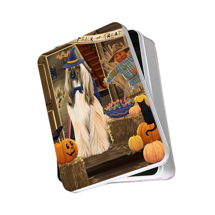 Enter at Own Risk Trick or Treat Halloween Afghan Hound Dog Photo Storage Tin PITN52919