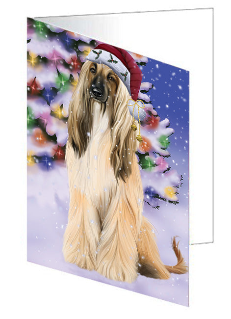 Winterland Wonderland Afghan Hound Dog In Christmas Holiday Scenic Background Handmade Artwork Assorted Pets Greeting Cards and Note Cards with Envelopes for All Occasions and Holiday Seasons GCD65180