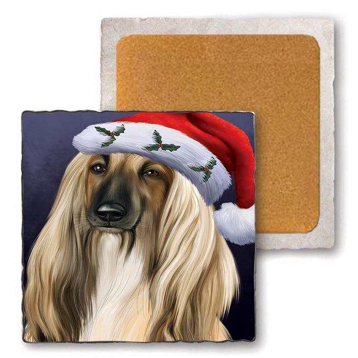 Christmas Holidays Afghan Hound Dog Wearing Santa Hat Portrait Head Set of 4 Natural Stone Marble Tile Coasters MCST48486