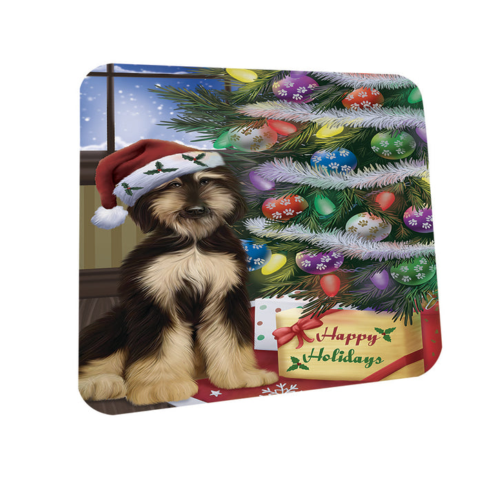 Christmas Happy Holidays Afghan Hound Dog with Tree and Presents Coasters Set of 4 CST53387