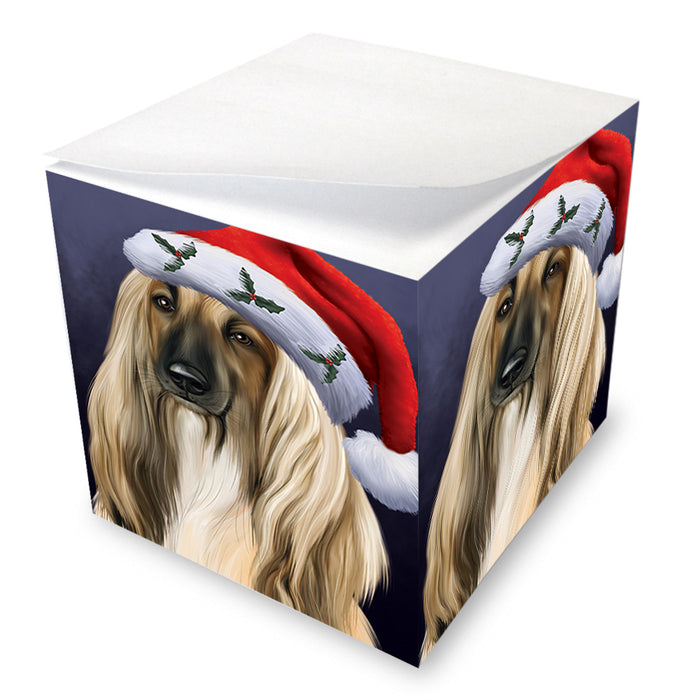 Christmas Holidays Afghan Hound Dog Wearing Santa Hat Portrait Head Note Cube NOC55132