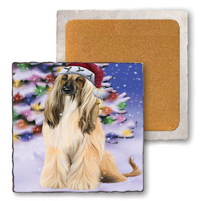 Winterland Wonderland Afghan Hound Dog In Christmas Holiday Scenic Background Set of 4 Natural Stone Marble Tile Coasters MCST48717
