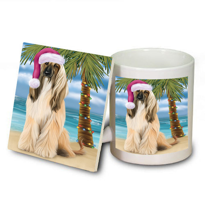 Summertime Happy Holidays Christmas Afghan Hound Dog on Tropical Island Beach Mug and Coaster Set MUC54383