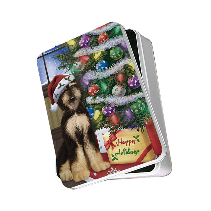 Christmas Happy Holidays Afghan Hound Dog with Tree and Presents Photo Storage Tin PITN53429