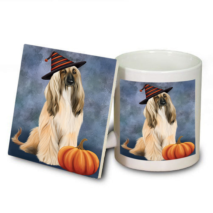 Happy Halloween Afghan Hound Dog Wearing Witch Hat with Pumpkin Mug and Coaster Set MUC54698