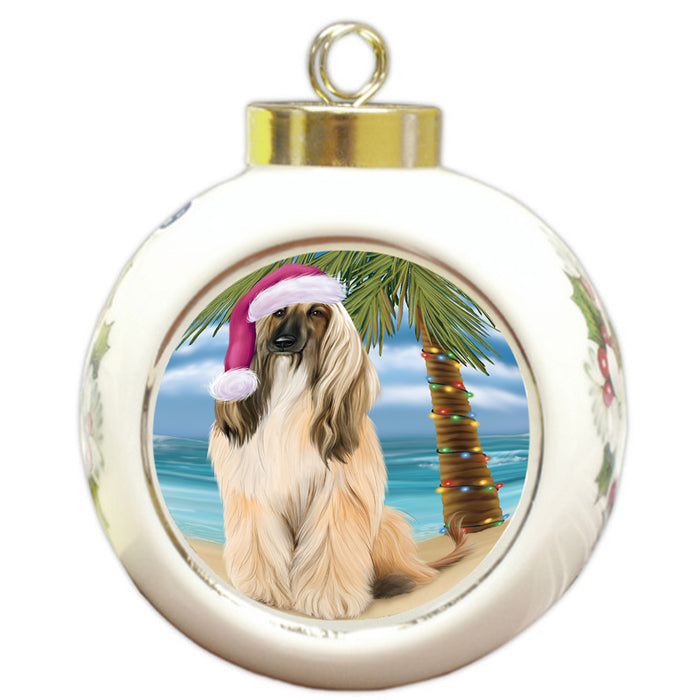 Summertime Happy Holidays Christmas Afghan Hound Dog on Tropical Island Beach Round Ball Christmas Ornament RBPOR54519