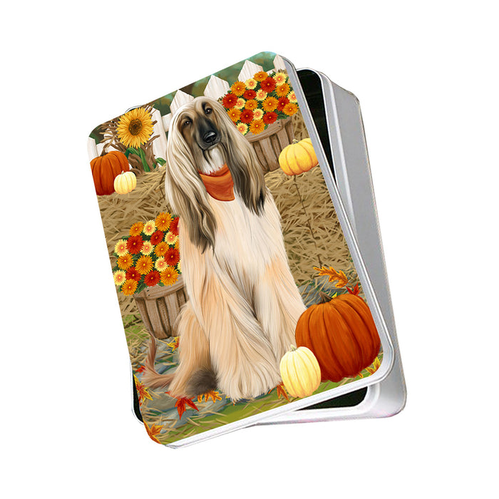Fall Autumn Greeting Afghan Hound Dog with Pumpkins Photo Storage Tin PITN52289