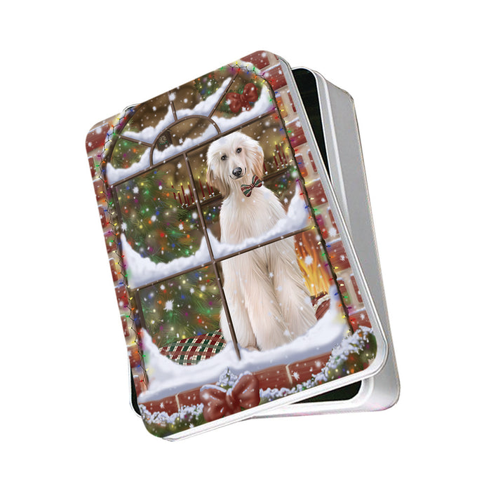 Please Come Home For Christmas Afghan Hound Dog Sitting In Window Photo Storage Tin PITN57517
