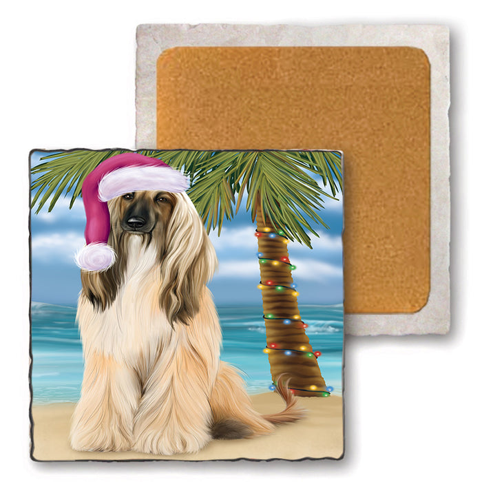 Summertime Happy Holidays Christmas Afghan Hound Dog on Tropical Island Beach Set of 4 Natural Stone Marble Tile Coasters MCST49391