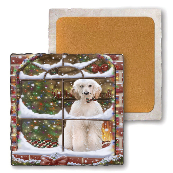 Please Come Home For Christmas Afghan Hound Dog Sitting In Window Set of 4 Natural Stone Marble Tile Coasters MCST48603