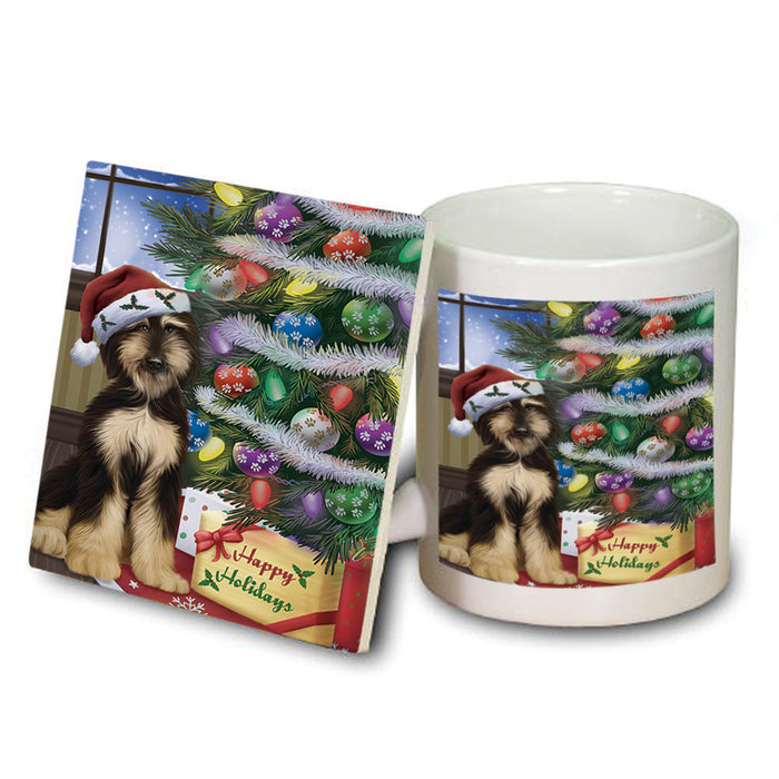 Christmas Happy Holidays Afghan Hound Dog with Tree and Presents Mug and Coaster Set MUC53421
